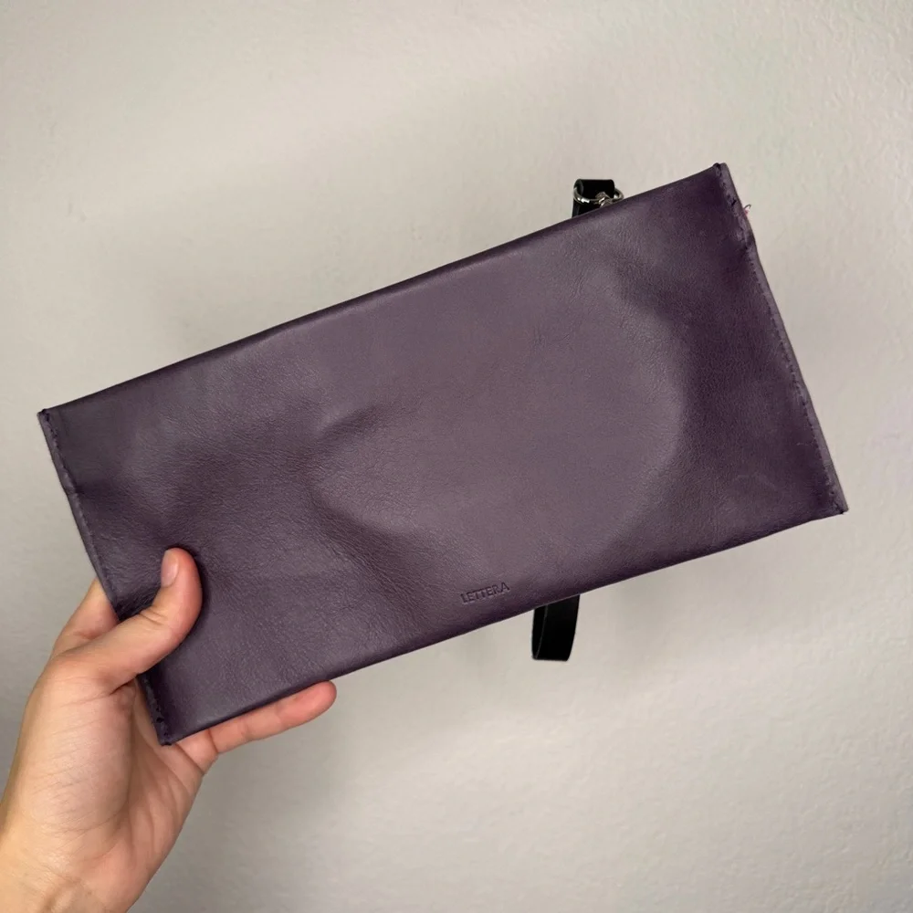 Officine 904 Purple Leather Wristlet Clutch Red Interior Silver Hardware